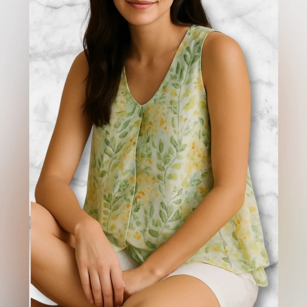 Serengeti Tiered Botanical Blouse Top Flyaway Front Asymmetric Layers Size M - Picture 2 of 11